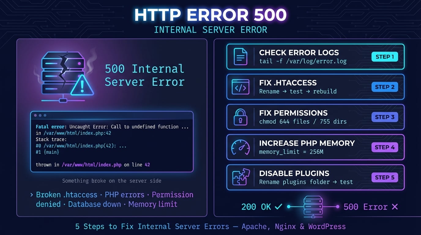 HTTP error 500 internal server error fix guide showing server crash screen and step-by-step debugging solutions