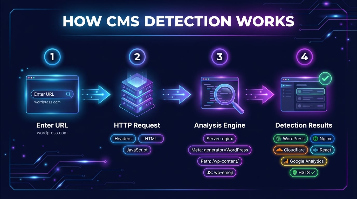 CMS Detector tool showing how HTTP headers, meta tags, JavaScript files, and CSS patterns are analyzed to detect WordPress, Nginx, Cloudflare, and React
