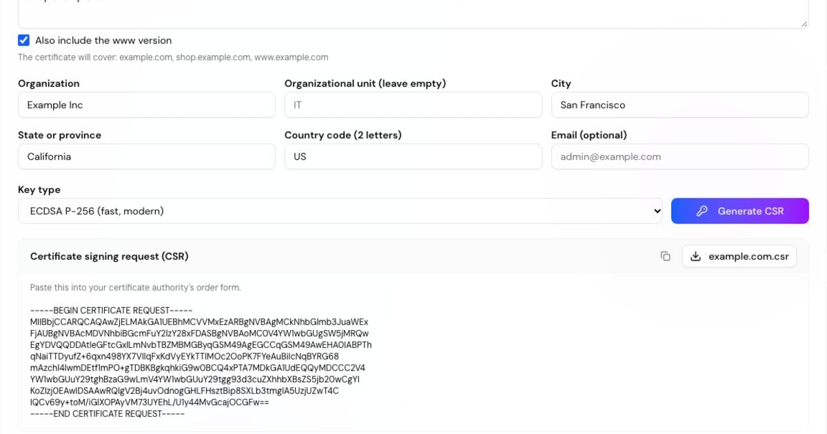 CSR generator result with the PEM certificate signing request, the private key and download buttons