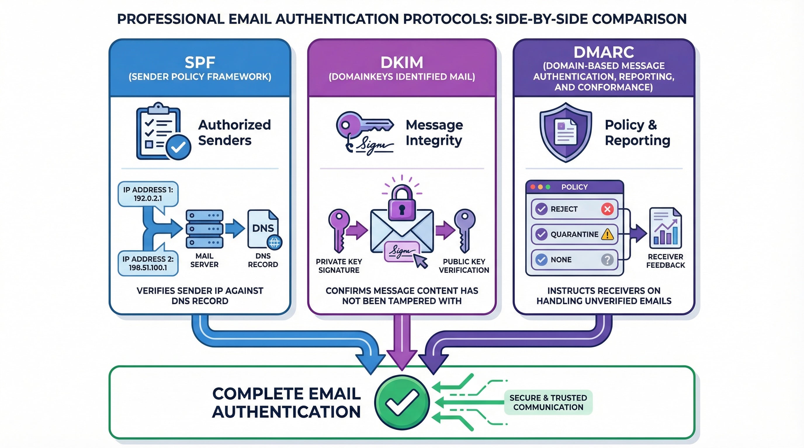 SPF vs DKIM vs DMARC comparison showing sender verification, message integrity, and policy enforcement