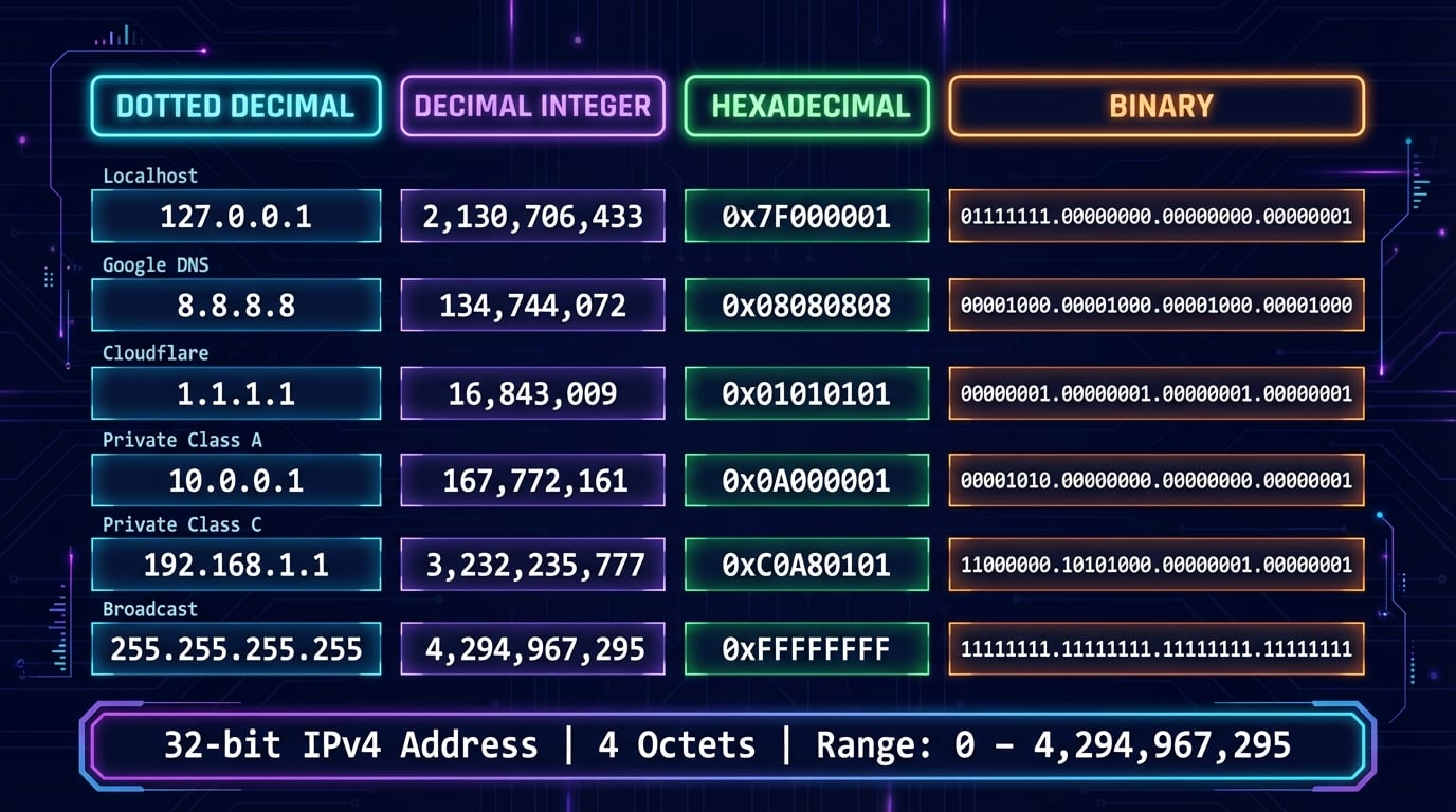 Comparação dos 4 formatos de endereço IP: decimal pontilhado, inteiro decimal, hexadecimal e binário