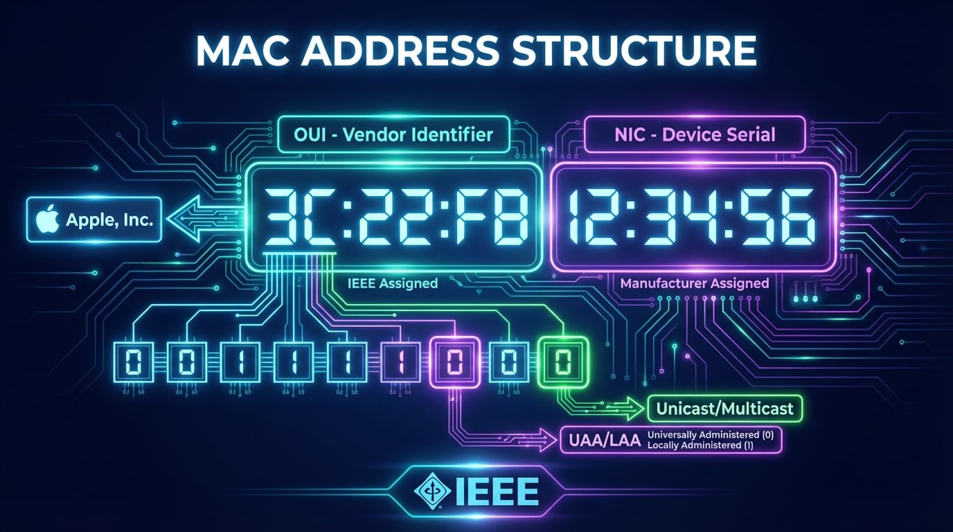 MAC address structure diagram showing OUI vendor bytes, NIC serial bytes, unicast/multicast bit, and locally administered bit explained