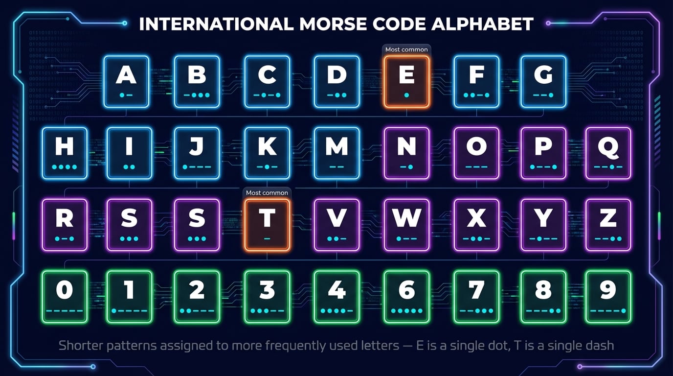 Morse code alphabet chart showing A-Z letters and 0-9 numbers with their dot and dash patterns