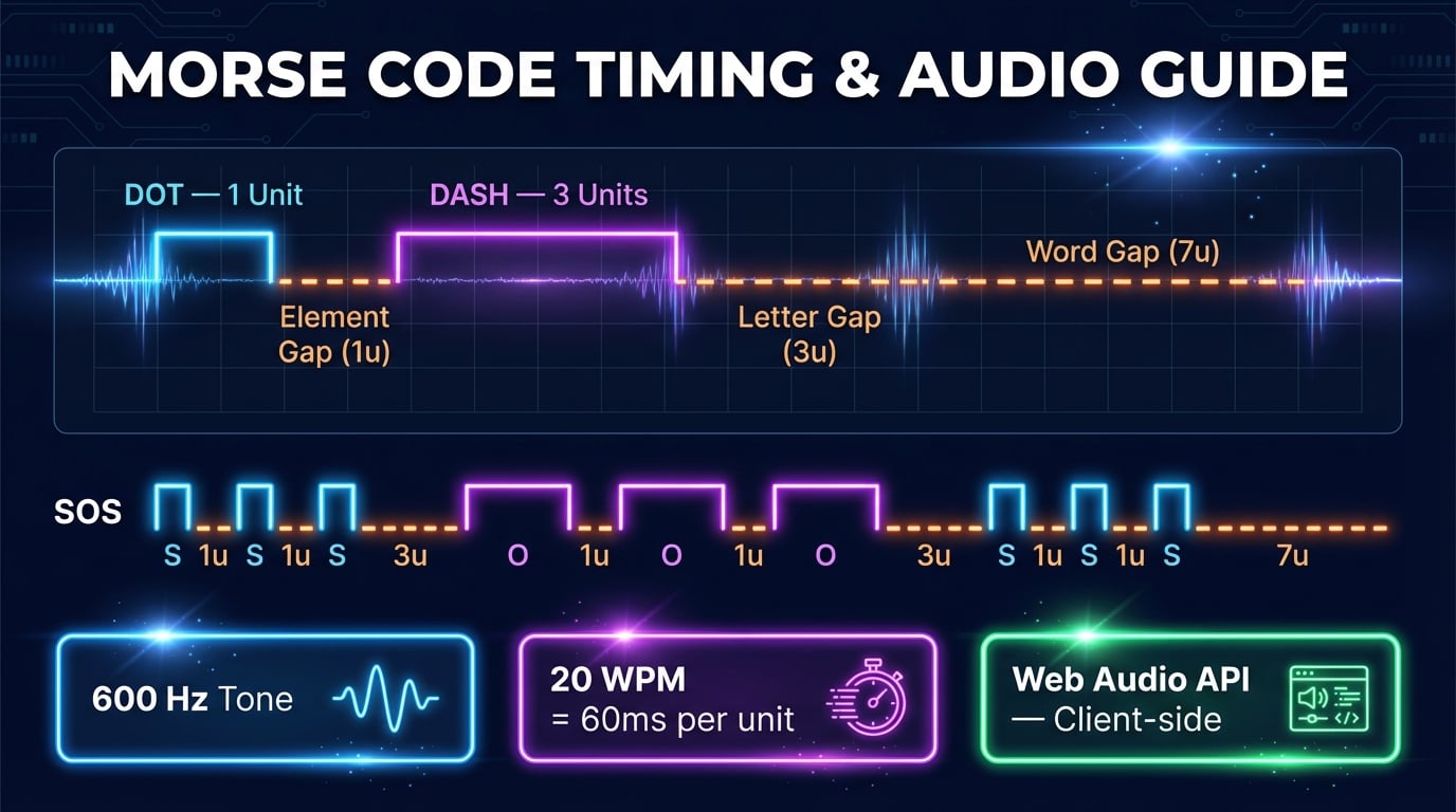 Morse code audio timing diagram showing dot and dash durations with inter-character and inter-word gaps