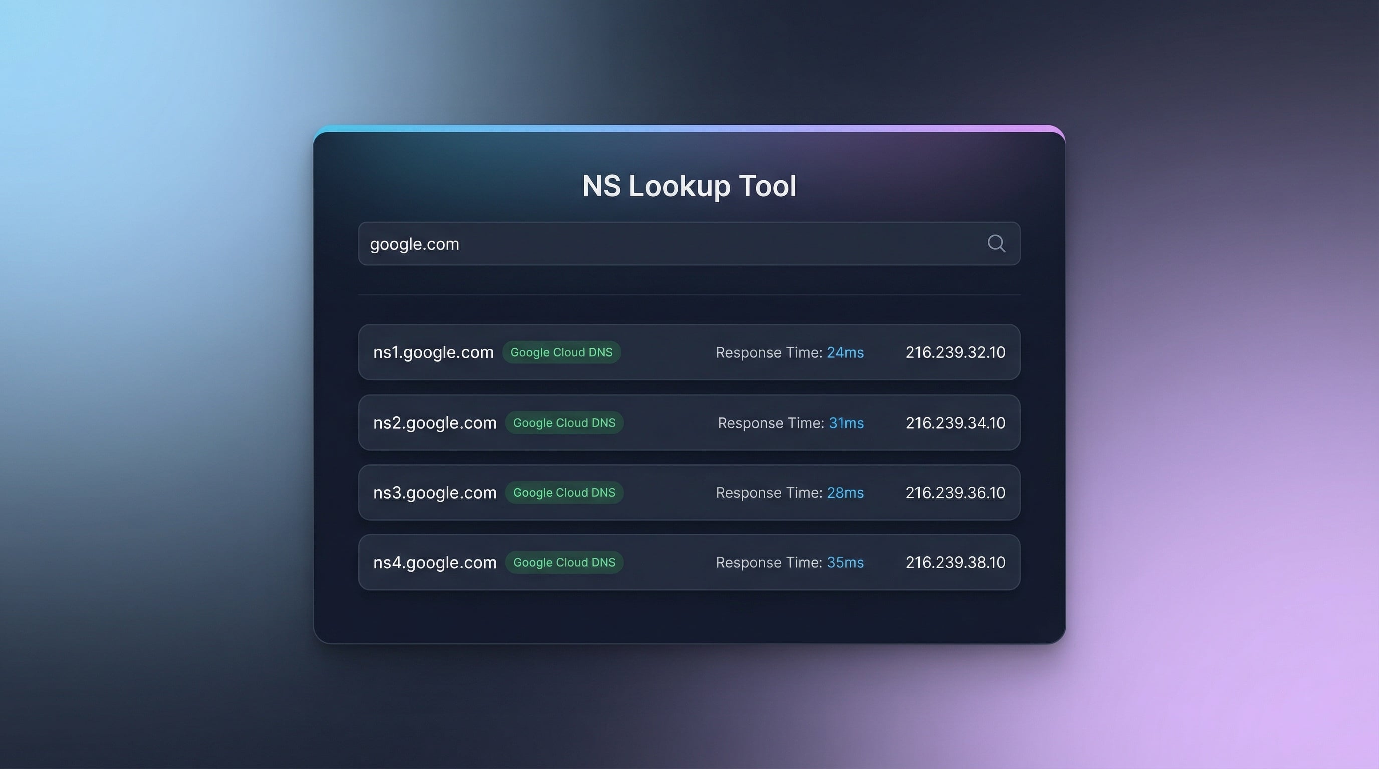 NS lookup results showing authoritative nameservers with DNS provider detection, response times, and IP addresses