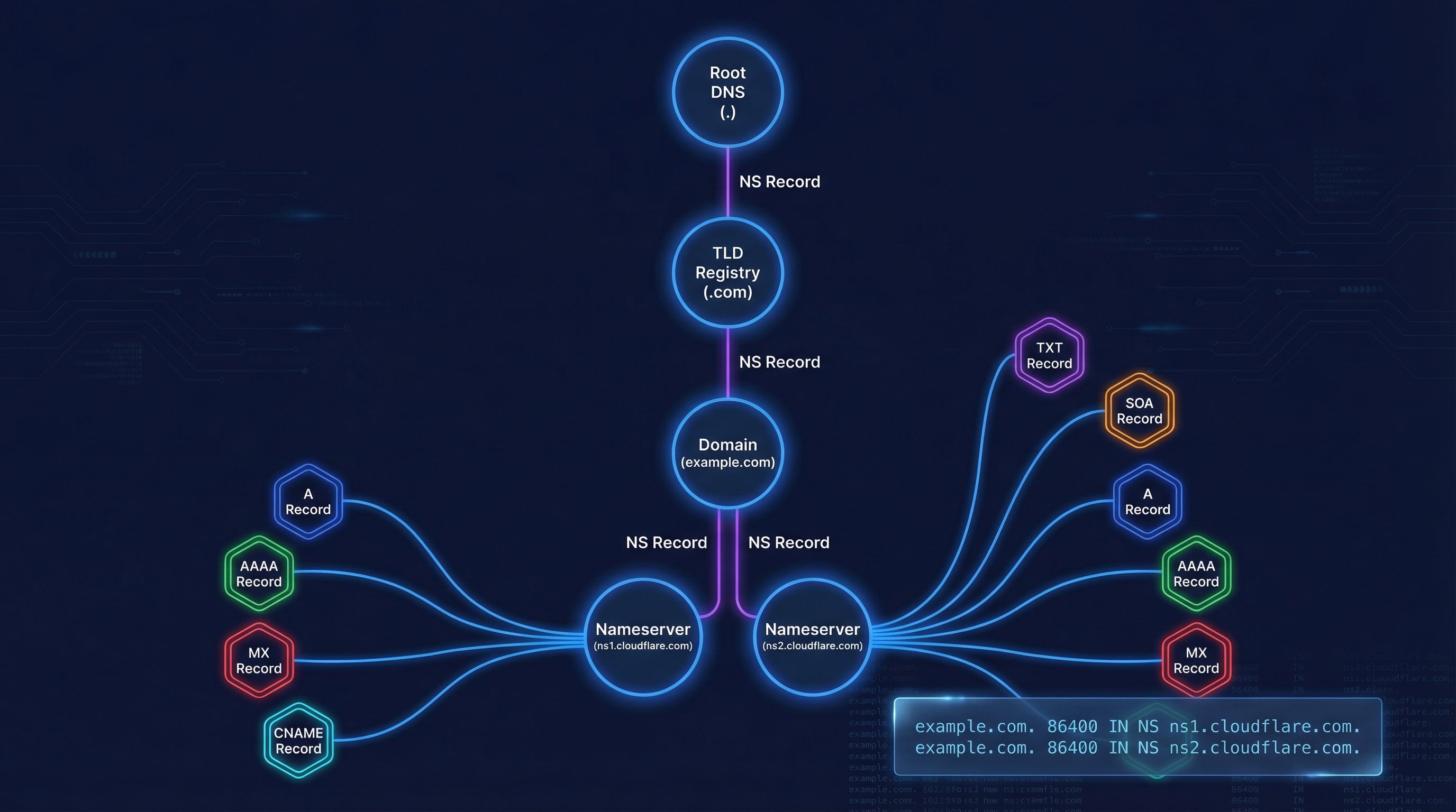 NS records in DNS hierarchy showing TLD delegation to authoritative nameservers serving domain records