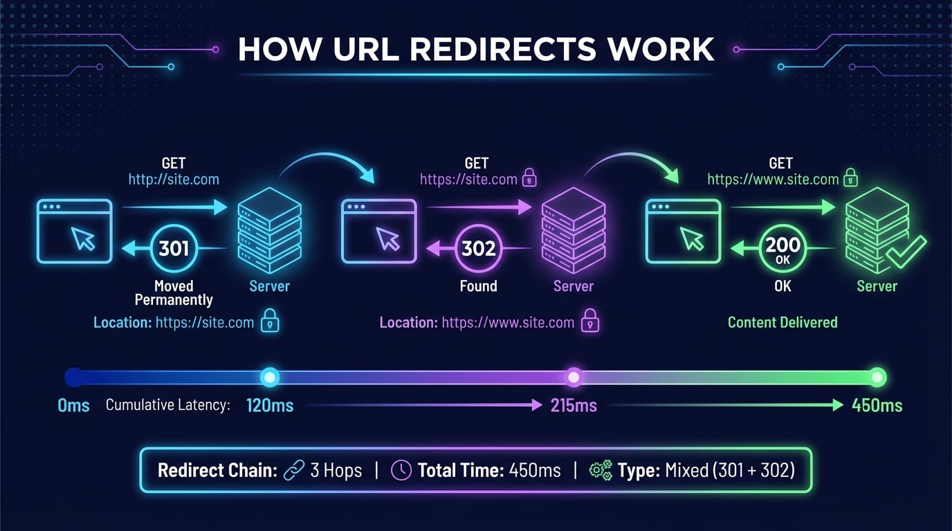 Diagrama de cadeia de redirecionamento HTTP — Como URLs passam por múltiplos hops 301/302 até o destino final