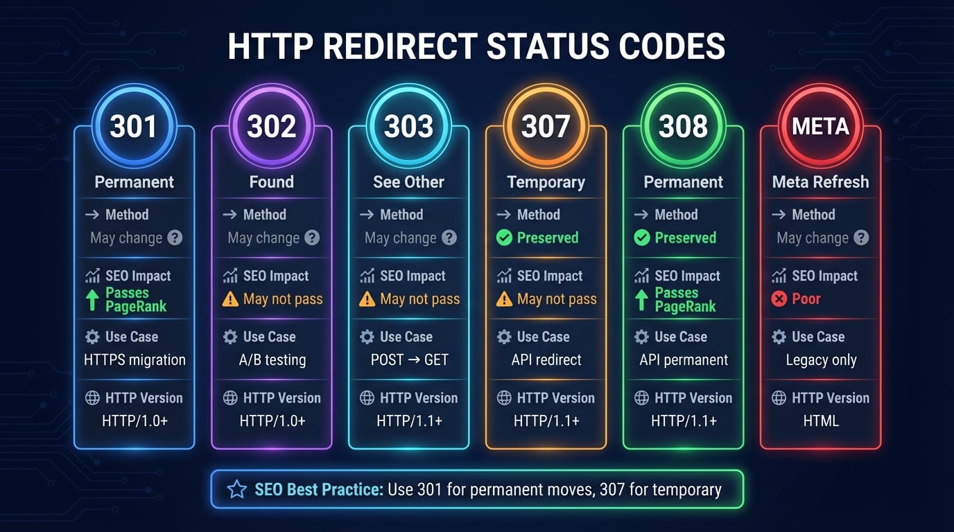 Comparação de códigos de status HTTP de redirecionamento — 301, 302, 307 e 308 com diferenças para SEO