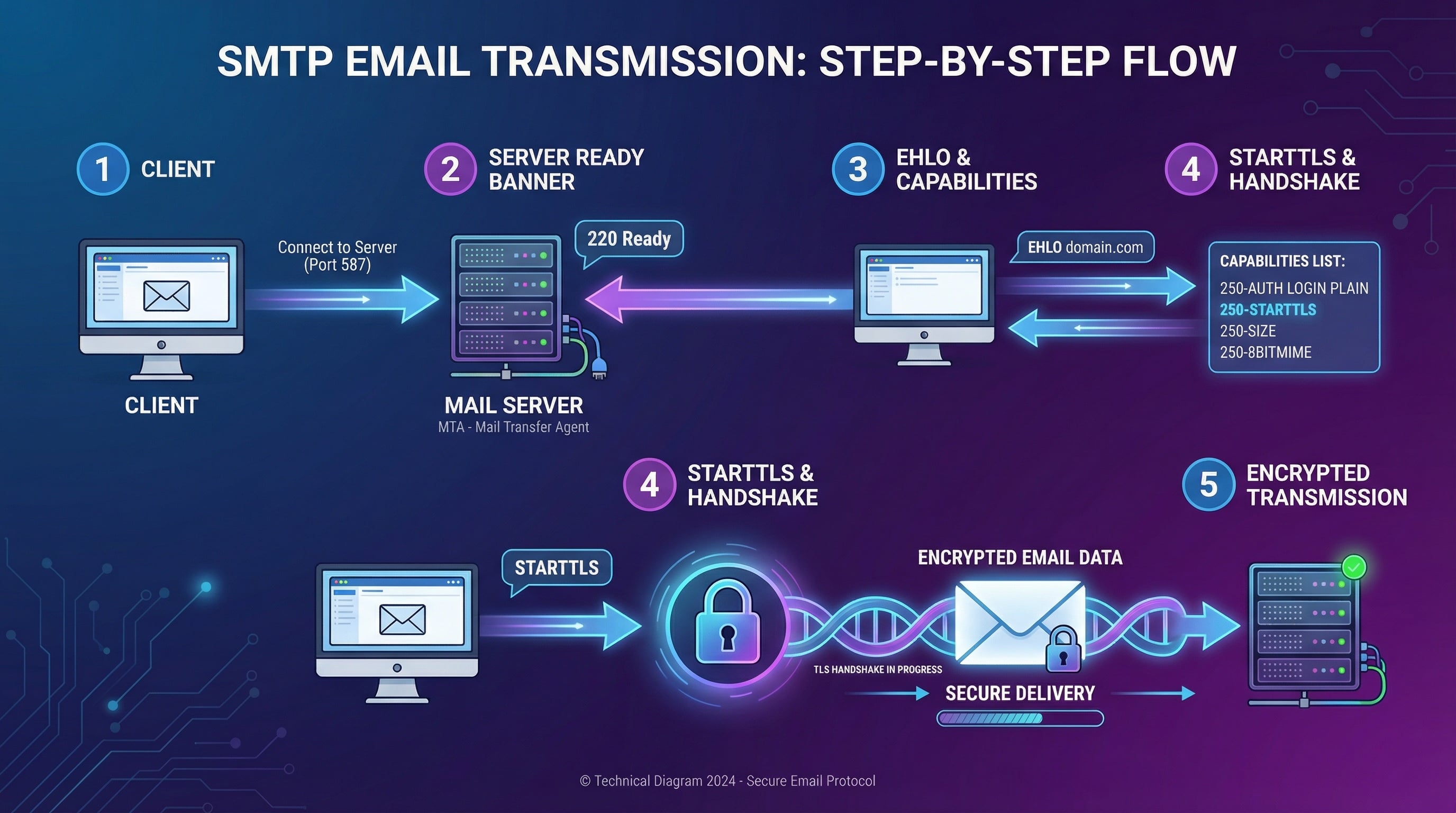 How SMTP works showing client connection, banner response, EHLO command, and STARTTLS upgrade