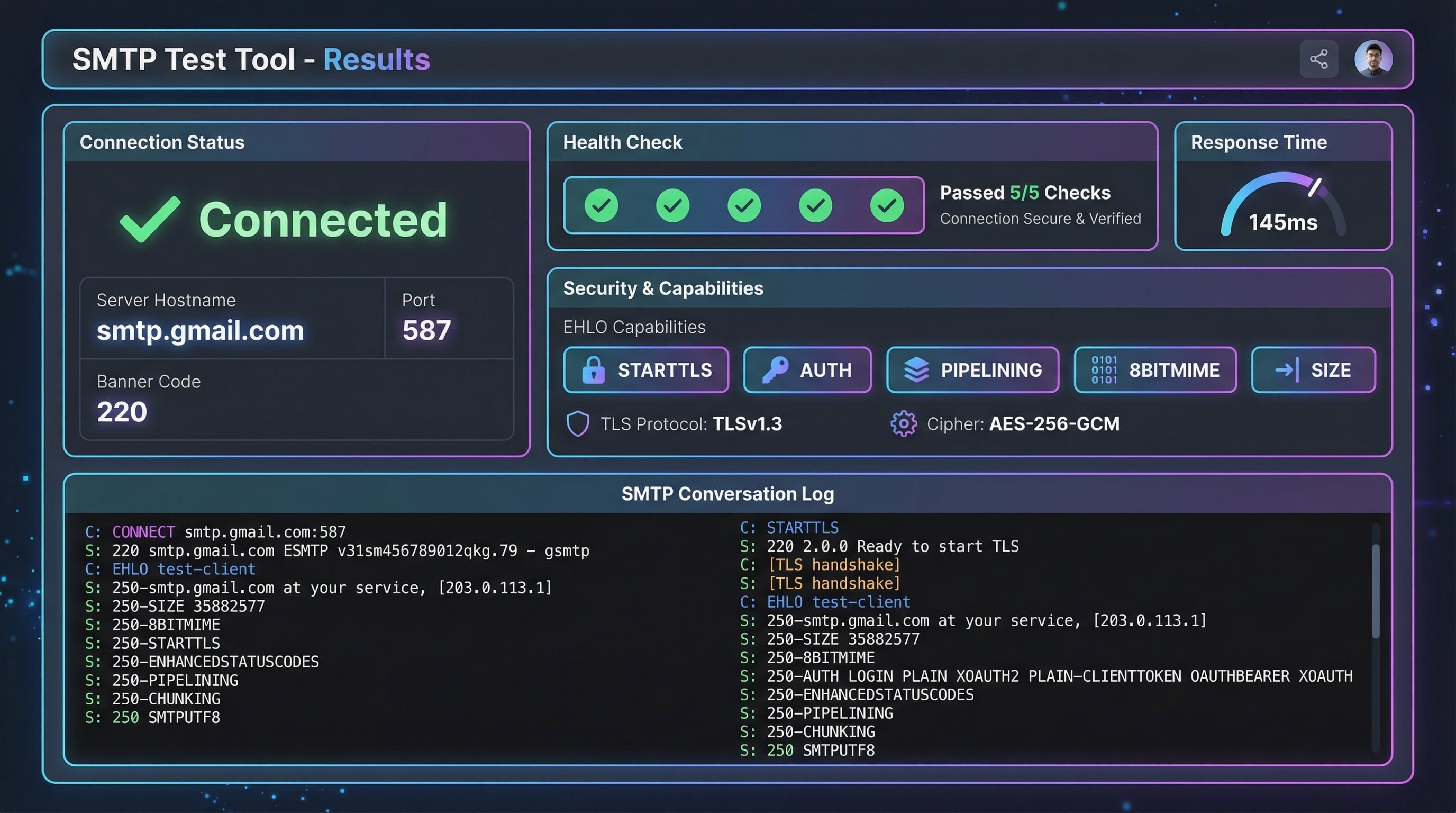 SMTP test tool showing server connectivity with banner grab, EHLO capabilities, and STARTTLS status