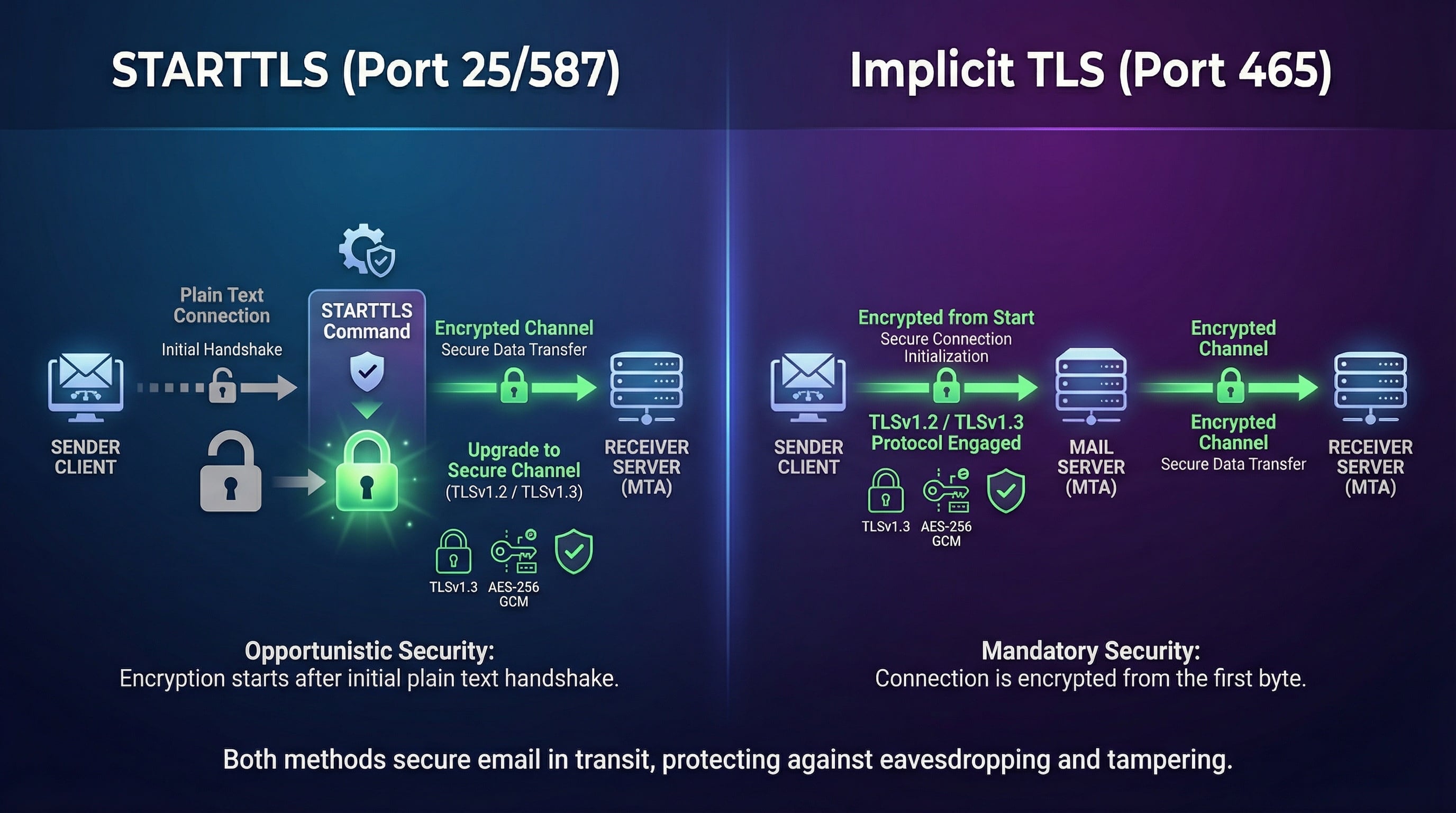 SMTP TLS encryption comparison showing STARTTLS upgrade versus implicit TLS connection flow