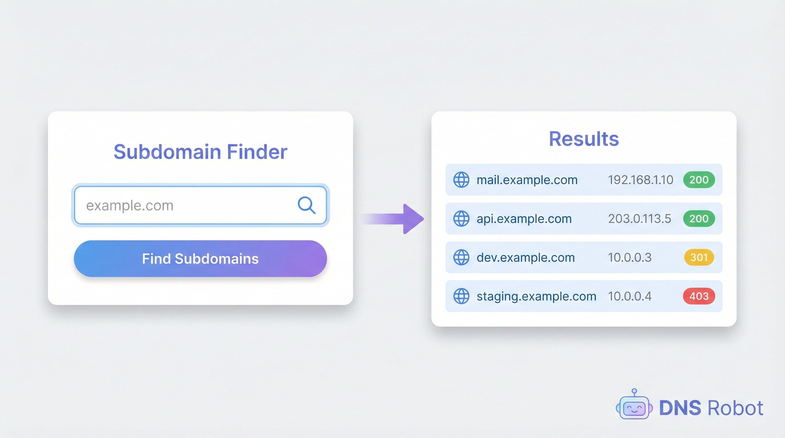 Subdomain finder tool showing discovered subdomains with IP addresses, DNS records, and HTTP status codes for a domain