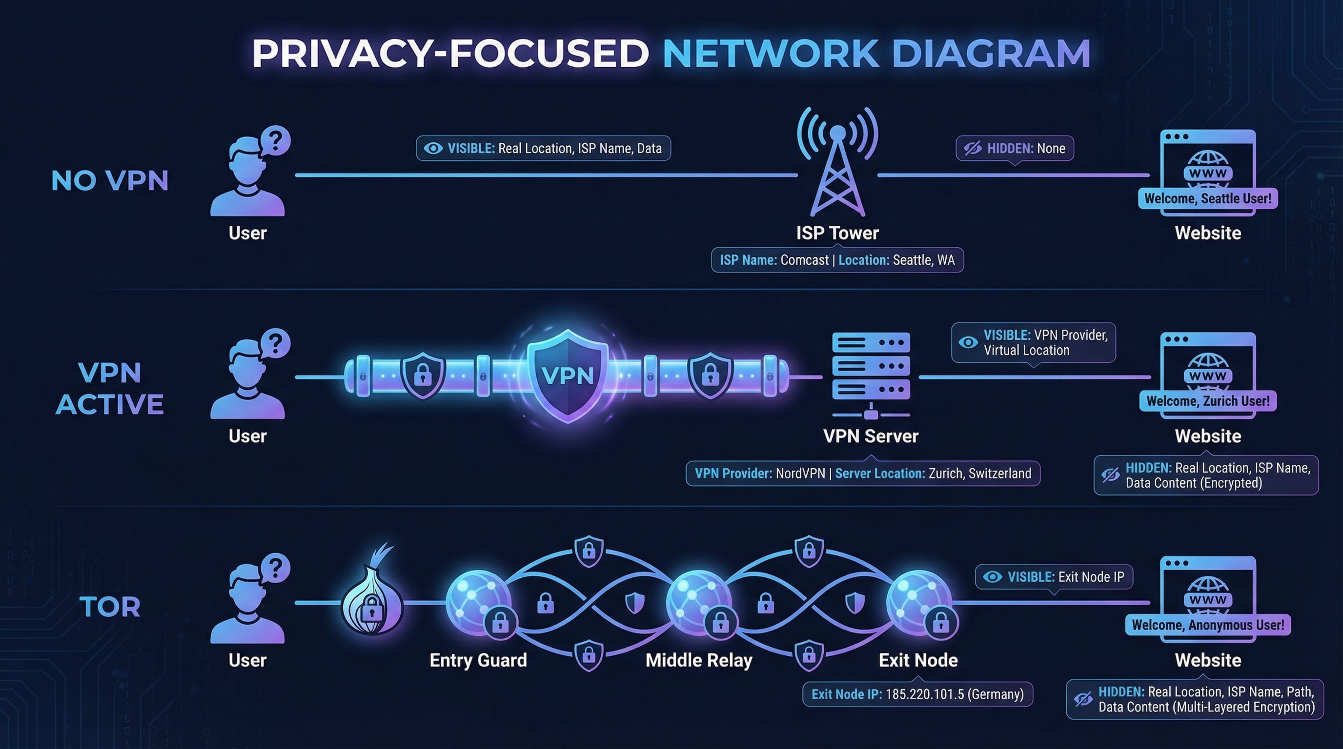 How VPN, proxy, and Tor affect ISP detection showing masked vs real ISP information for privacy verification