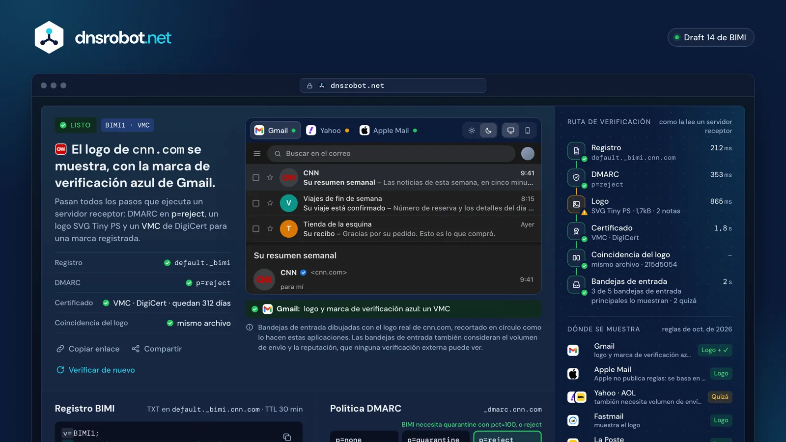 Verificador BIMI de cnn.com: registro, DMARC en reject, logo SVG Tiny PS y un VMC encadenado a la raíz de DigiCert