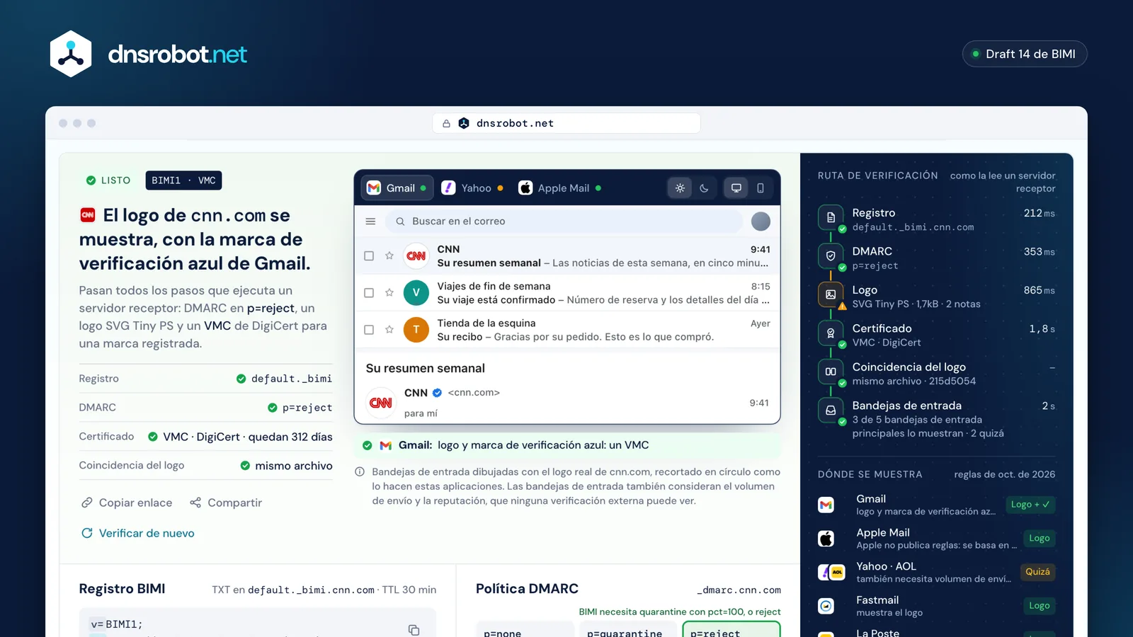 Verificador BIMI de cnn.com: registro, DMARC en reject, logo SVG Tiny PS y un VMC encadenado a la raíz de DigiCert