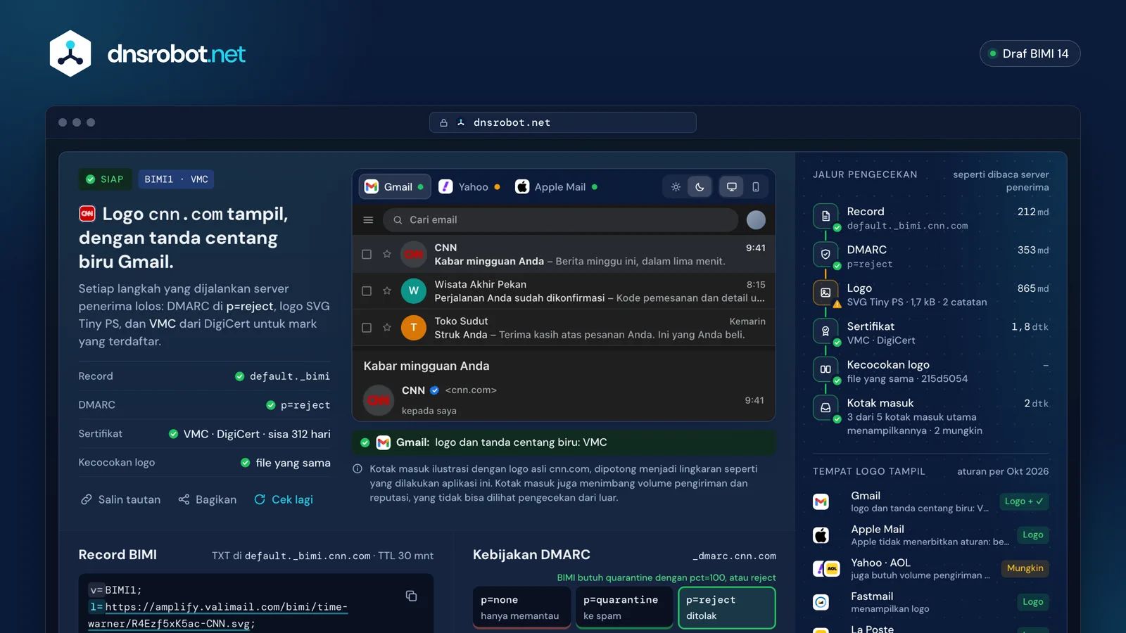 Hasil cek BIMI untuk cnn.com: record, DMARC di reject, logo SVG Tiny PS, dan VMC yang terhubung ke root DigiCert