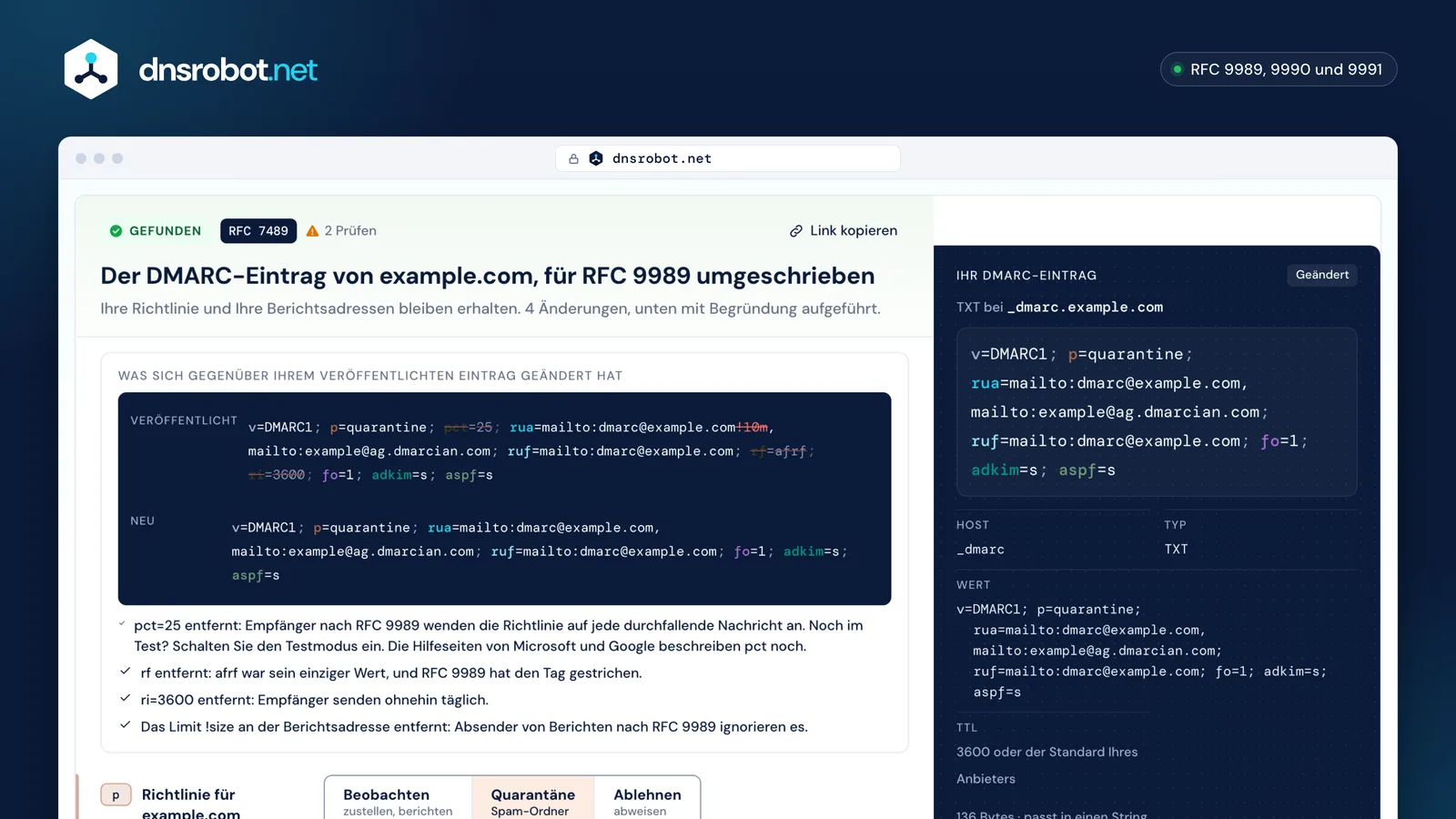 DMARC-Generator mit einem für RFC 9989 umgeschriebenen RFC-7489-Eintrag, dem Weg der Richtlinie und den Berichtsrechten