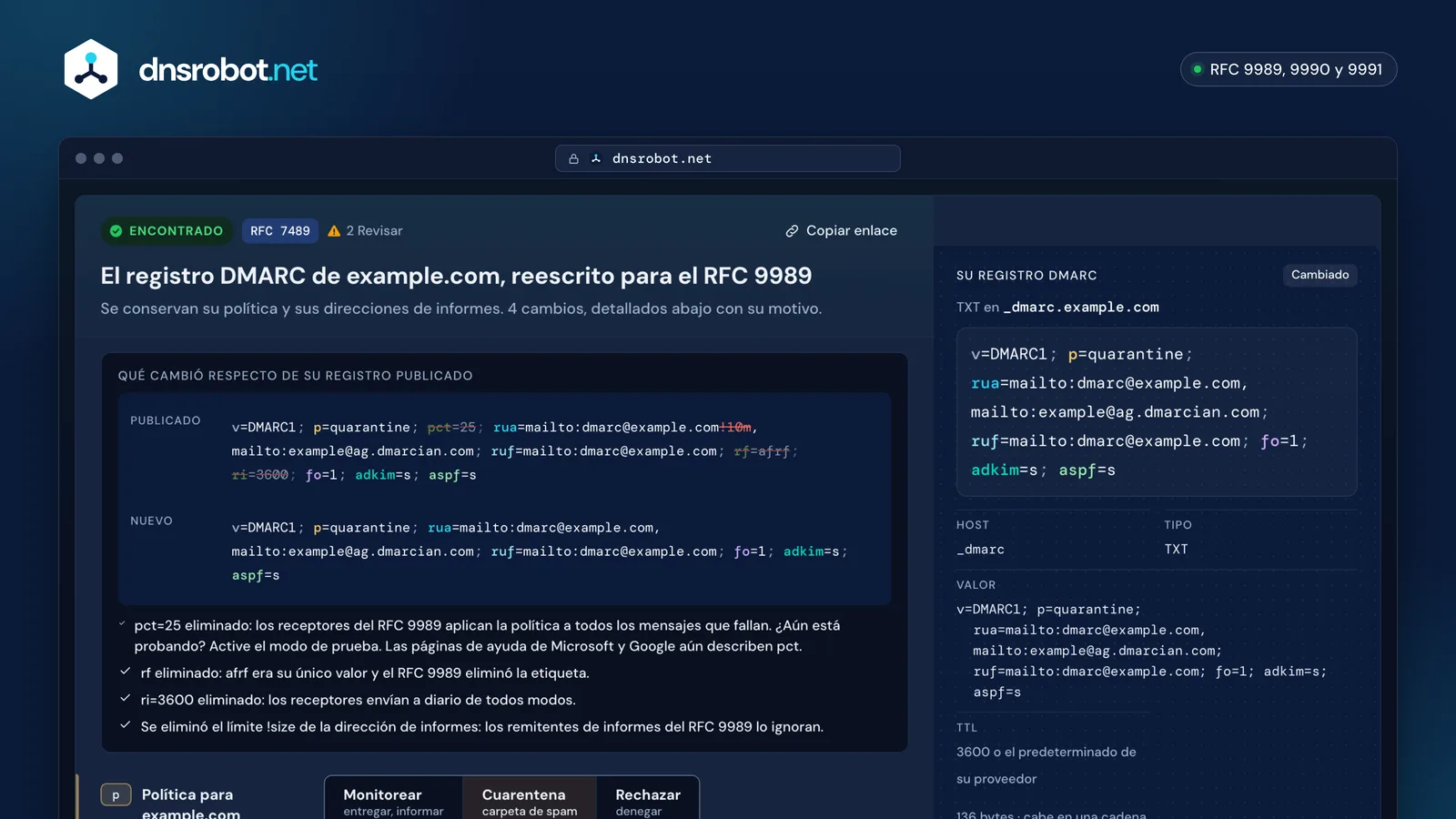 Generador DMARC que reescribe un registro RFC 7489 para el RFC 9989, con la ruta de la política y los permisos de informes