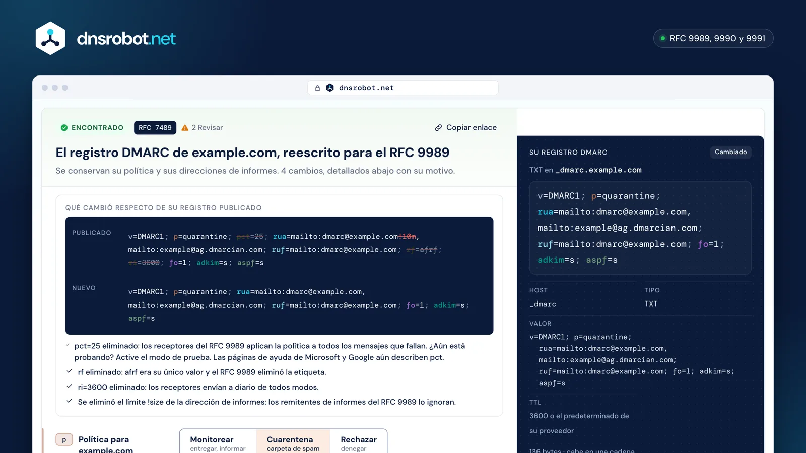 Generador DMARC que reescribe un registro RFC 7489 para el RFC 9989, con la ruta de la política y los permisos de informes