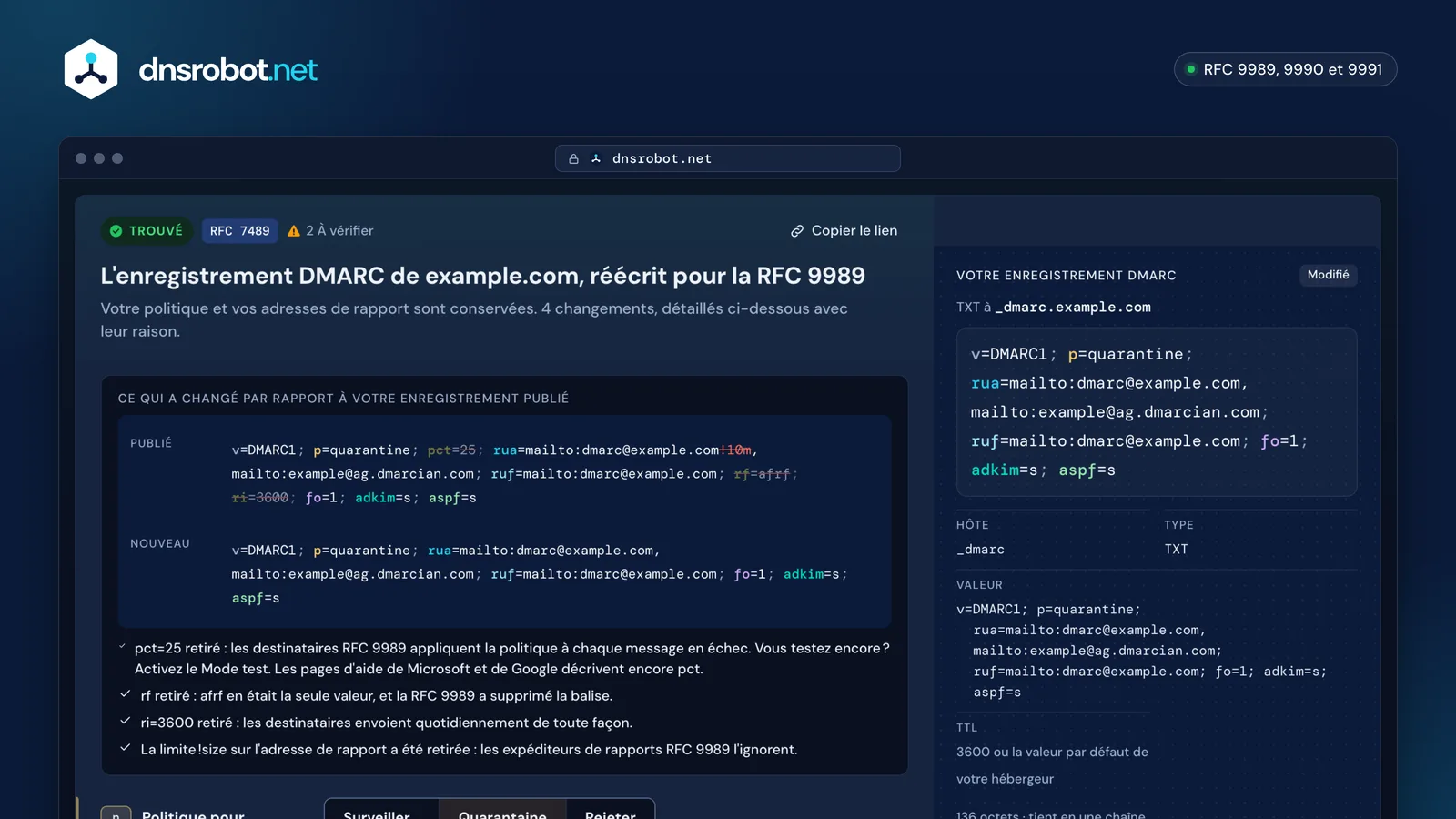 Générateur DMARC : enregistrement RFC 7489 publié réécrit pour la RFC 9989, politique et autorisations de rapports