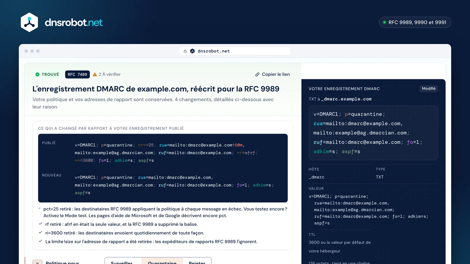 Générateur DMARC : enregistrement RFC 7489 publié réécrit pour la RFC 9989, politique et autorisations de rapports