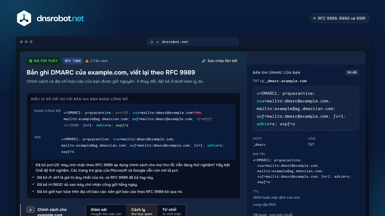 Trình tạo bản ghi DMARC viết lại bản ghi RFC 7489 đã công bố theo RFC 9989, kèm lộ trình chính sách và quyền nhận báo cáo