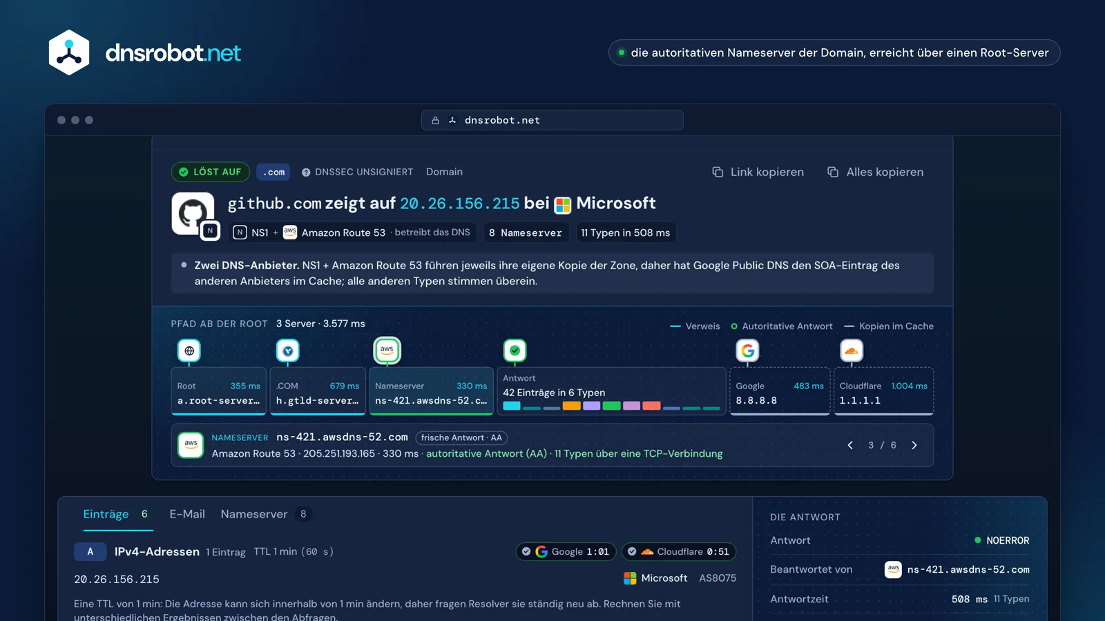 DNS Lookup: Einträge von den Nameservern der Domain neben dem Cache von Google und Cloudflare, Pfad ab der Root und DNSSEC