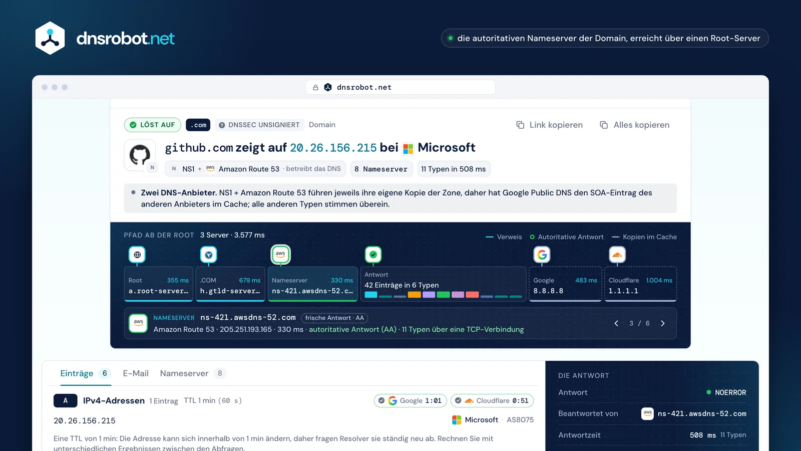 DNS Lookup: Einträge von den Nameservern der Domain neben dem Cache von Google und Cloudflare, Pfad ab der Root und DNSSEC
