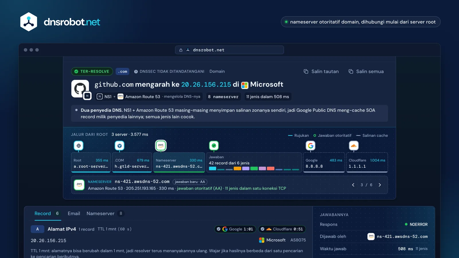 Hasil cek DNS: DNS record dari nameserver domain di samping cache Google dan Cloudflare, jalur dari root, dan DNSSEC