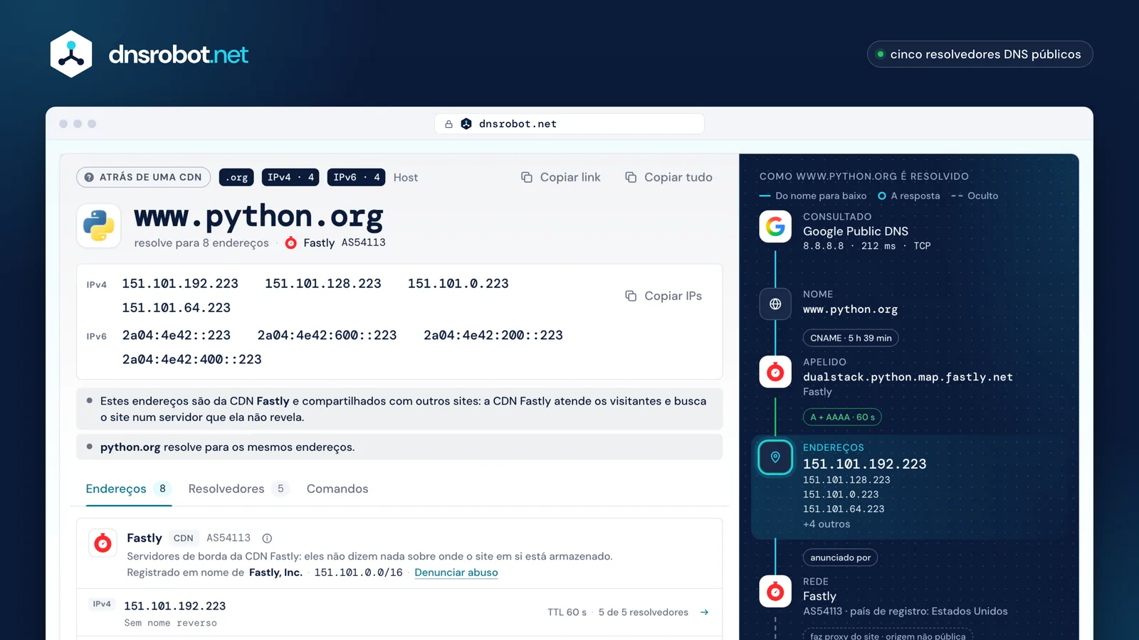 Resultado do Domínio para IP: o IP do site em IPv4 e IPv6, com a cadeia CNAME, a rede dona e cinco resolvedores DNS