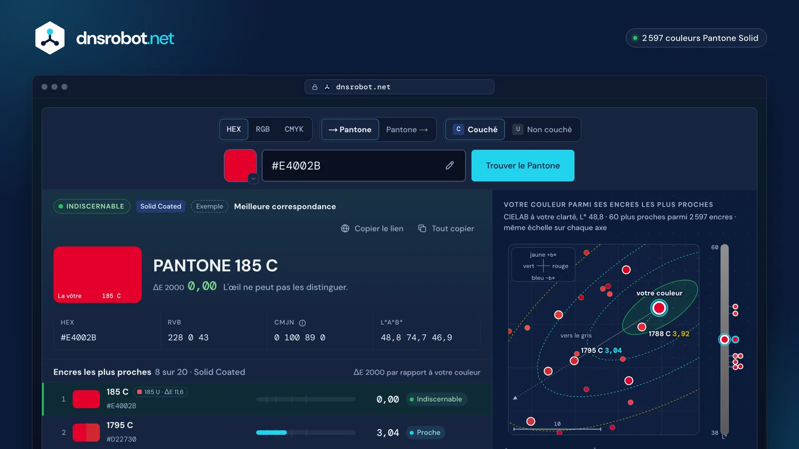 Convertisseur HEX vers Pantone : #E4002B et les encres Pantone les plus proches avec leur Delta E, et la carte des voisines