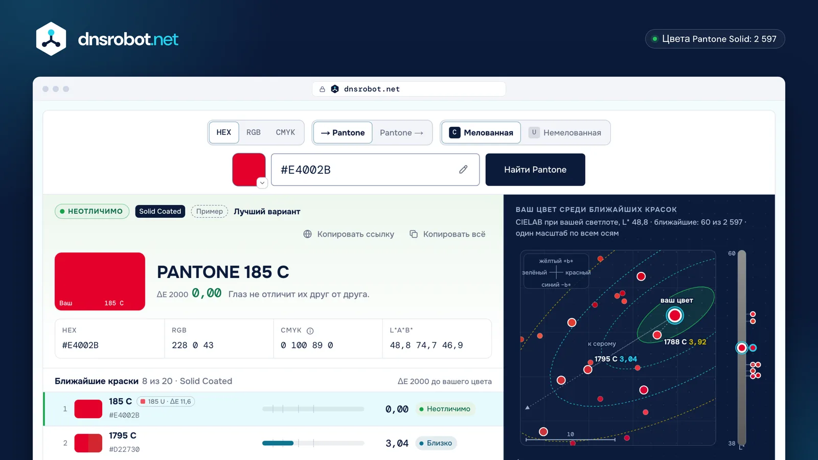 Конвертер HEX в Pantone: #E4002B и ближайшие краски Pantone с Delta E, а также карта соседних цветов Pantone