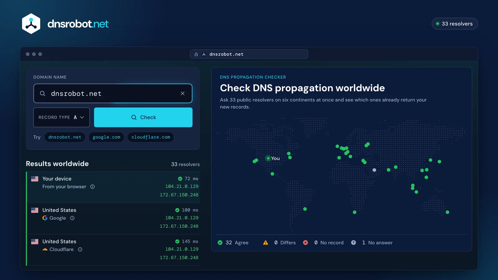 DNS propagation checker results for dnsrobot.net: resolvers on a world map and in a list, all returning the same A record