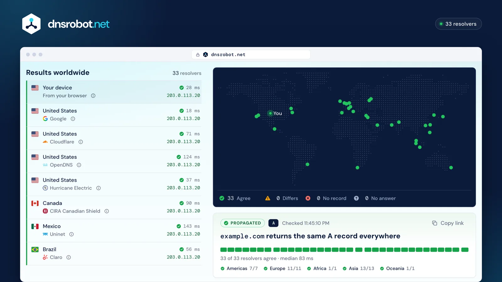The same DNS propagation check once complete: all 33 resolvers on the map and in the list agree on the new address
