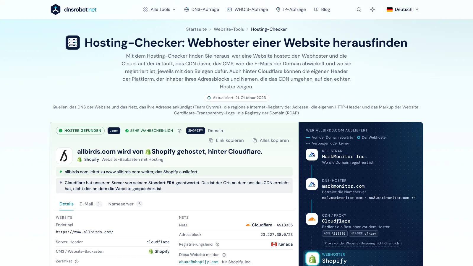 Hosting-Checker-Ergebnis: der Webhoster mit Belegen, das CDN davor, Registrar, DNS-Hoster und E-Mail-Anbieter