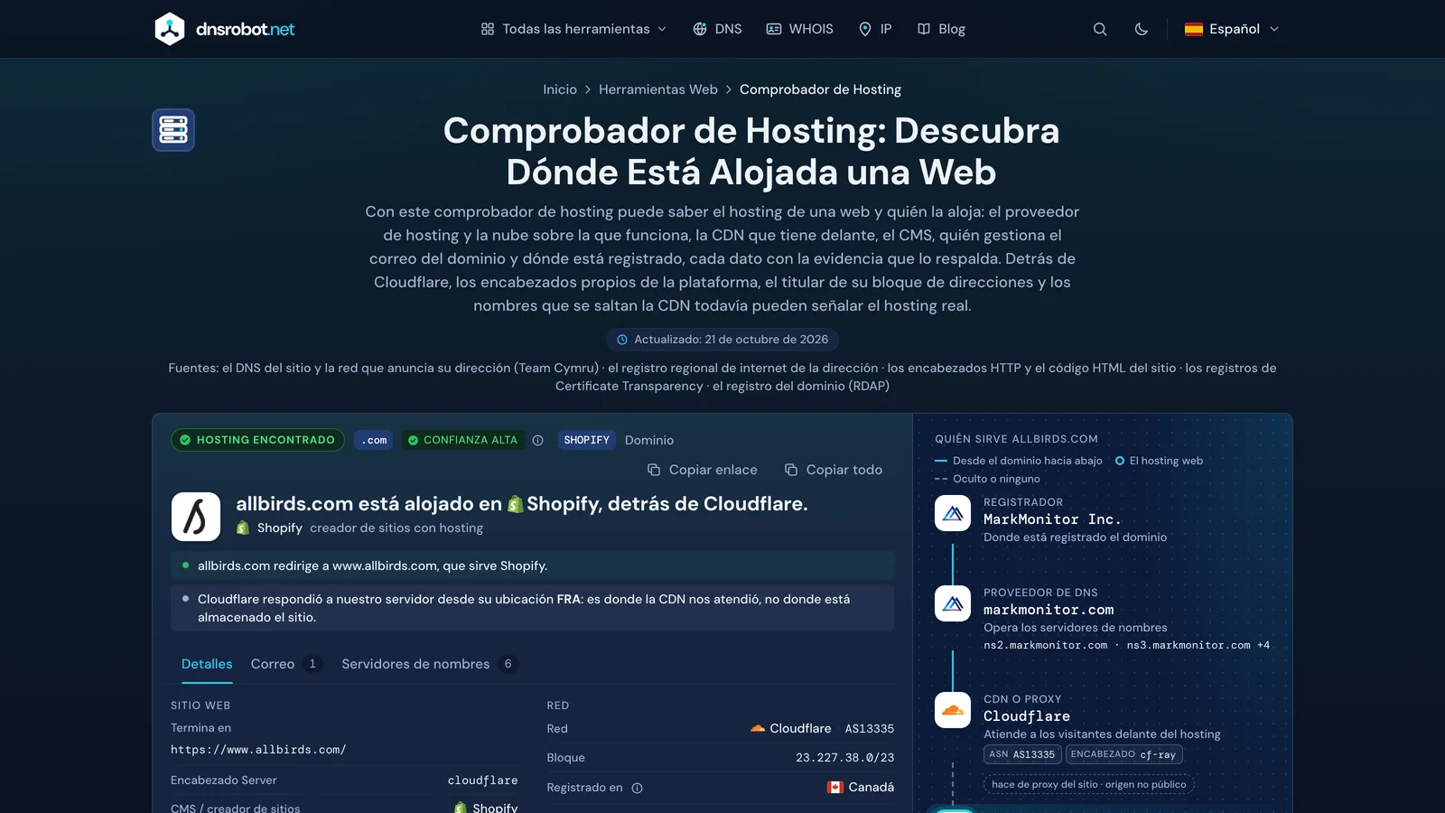 Resultado del comprobador de hosting: el proveedor con su evidencia, la CDN delante, el registrador, el DNS y el correo