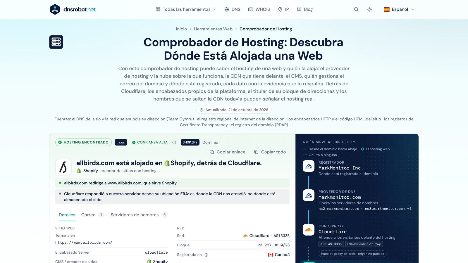 Resultado del comprobador de hosting: el proveedor con su evidencia, la CDN delante, el registrador, el DNS y el correo