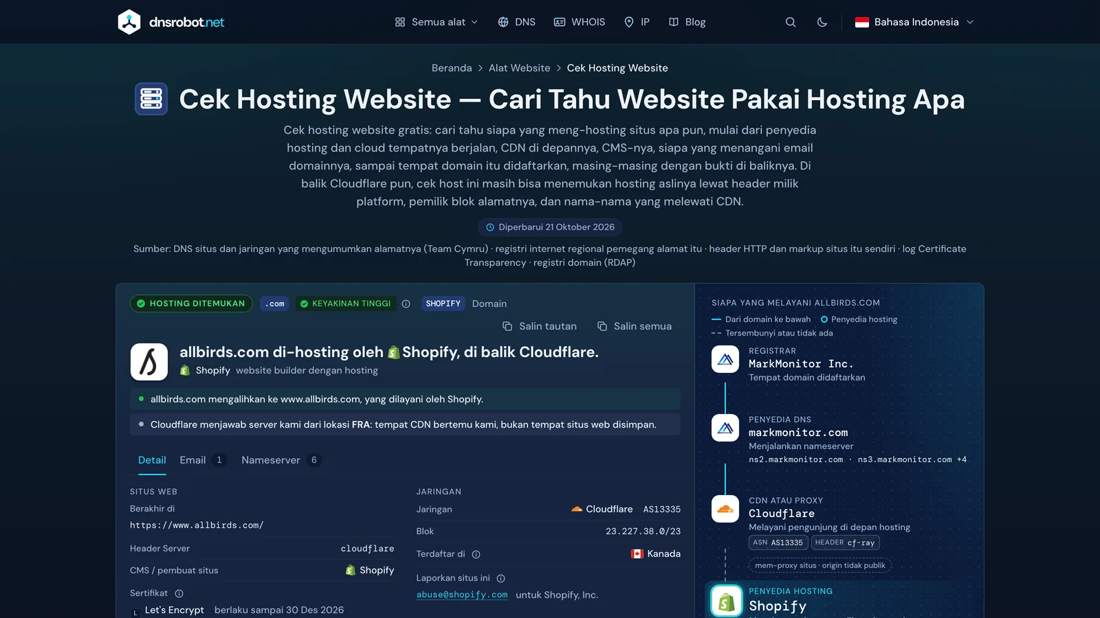 Hasil cek hosting website: penyedia hosting beserta buktinya, CDN di depannya, registrar, penyedia DNS, dan email