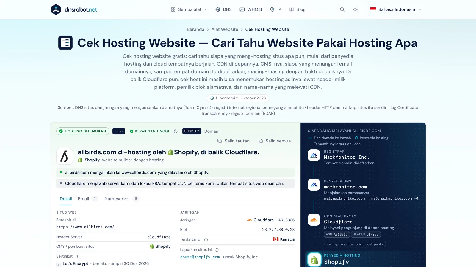 Hasil cek hosting website: penyedia hosting beserta buktinya, CDN di depannya, registrar, penyedia DNS, dan email