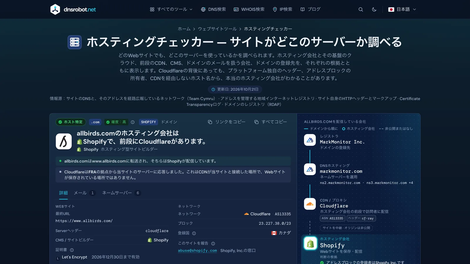 ホスティングチェッカーの結果：根拠付きのホスティング会社、前段のCDN、レジストラ、DNSホスティング、メール