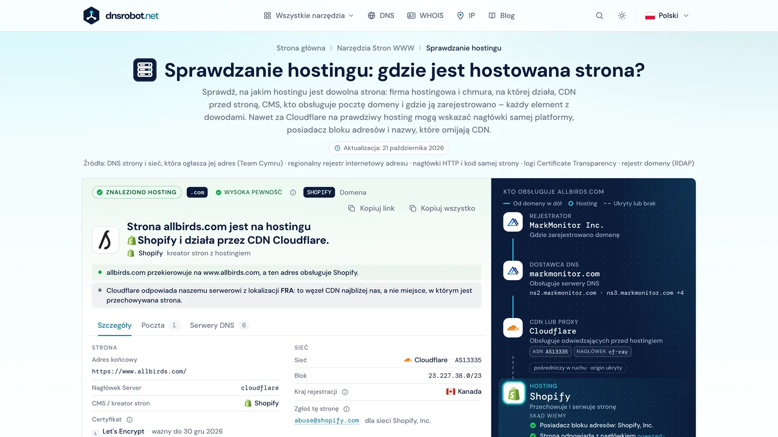 Wynik sprawdzania hostingu: hosting z dowodami, CDN przed nim, rejestrator, dostawca DNS i dostawca poczty