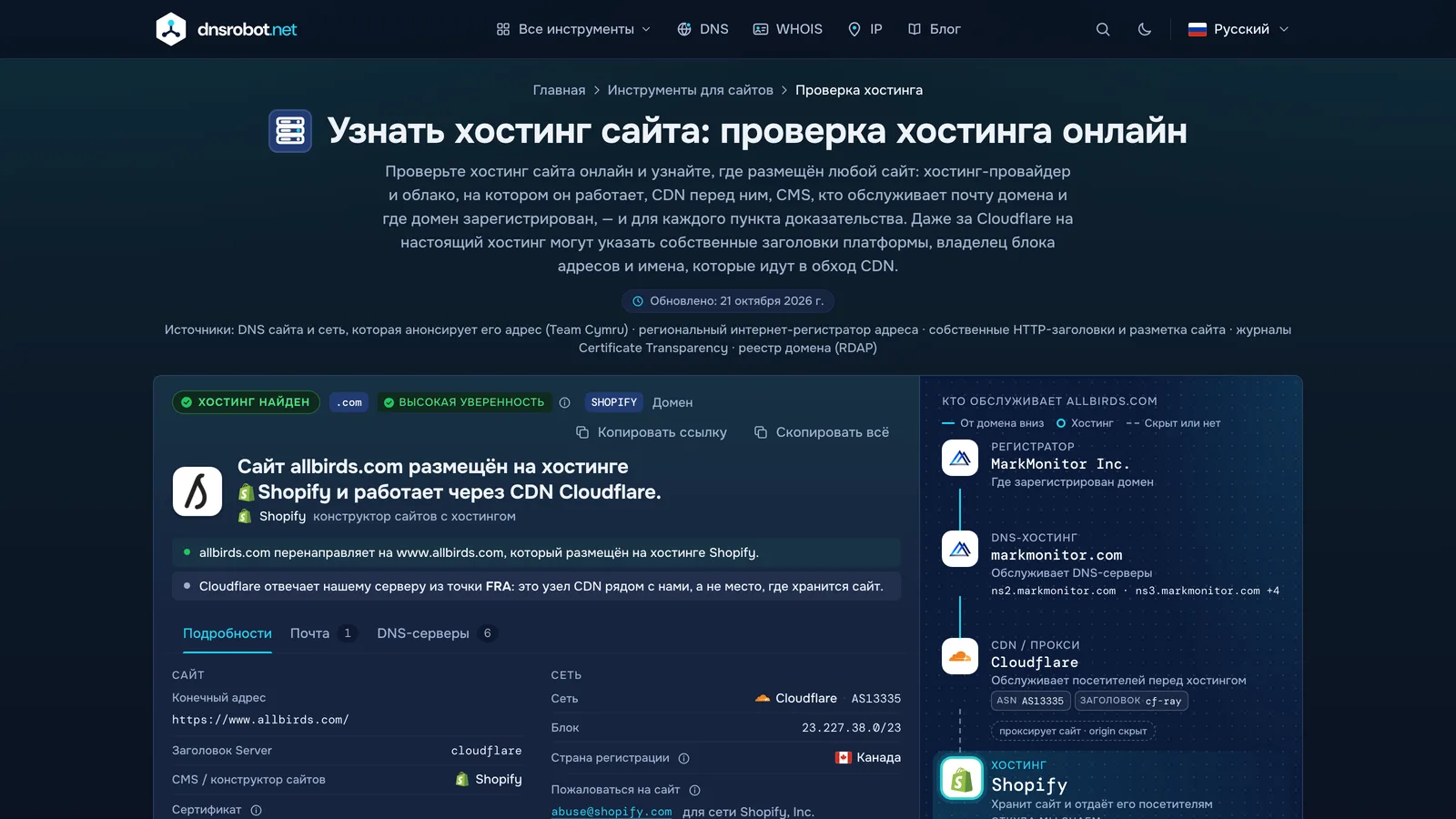 Проверка хостинга сайта: хостинг с доказательствами, CDN перед ним, регистратор, DNS-хостинг и почтовый сервис