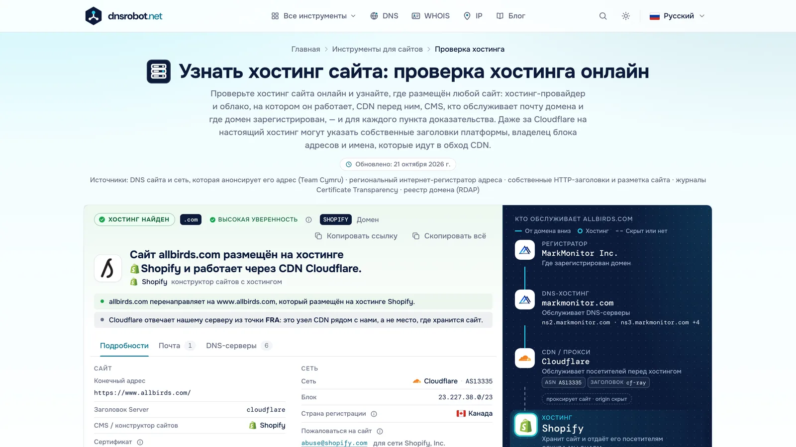 Проверка хостинга сайта: хостинг с доказательствами, CDN перед ним, регистратор, DNS-хостинг и почтовый сервис