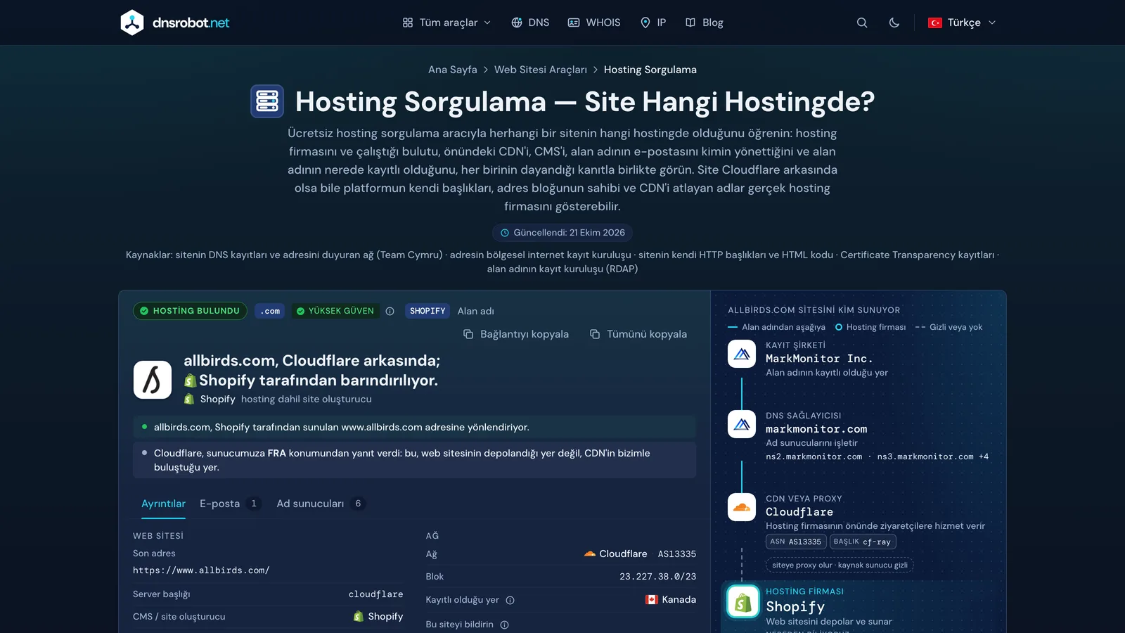Hosting sorgulama sonucu: kanıtlarıyla hosting firması, öndeki CDN, kayıt şirketi, DNS sağlayıcısı ve e-posta