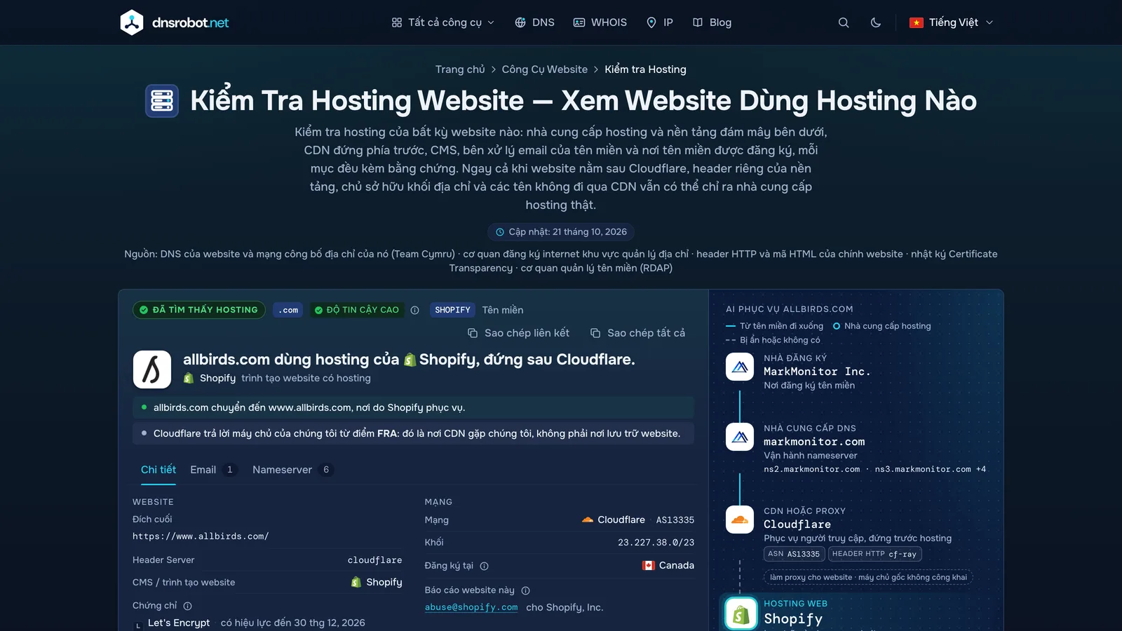 Kết quả kiểm tra hosting: nhà cung cấp hosting kèm bằng chứng, CDN phía trước, nhà đăng ký, nhà cung cấp DNS và email