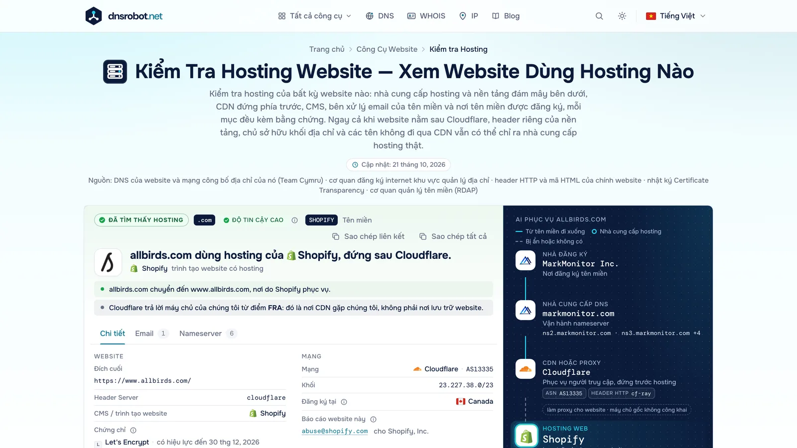 Kết quả kiểm tra hosting: nhà cung cấp hosting kèm bằng chứng, CDN phía trước, nhà đăng ký, nhà cung cấp DNS và email