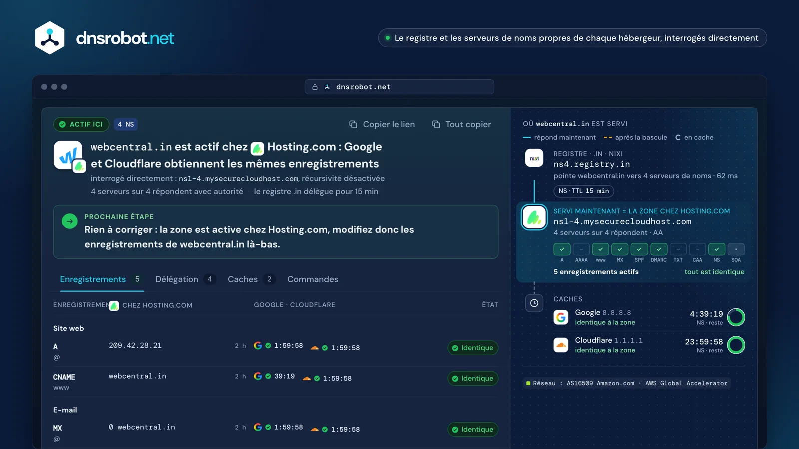 Recherche DNS d'hébergeur de webcentral.in : actif chez Hosting.com, enregistrements, colonne du changement et caches