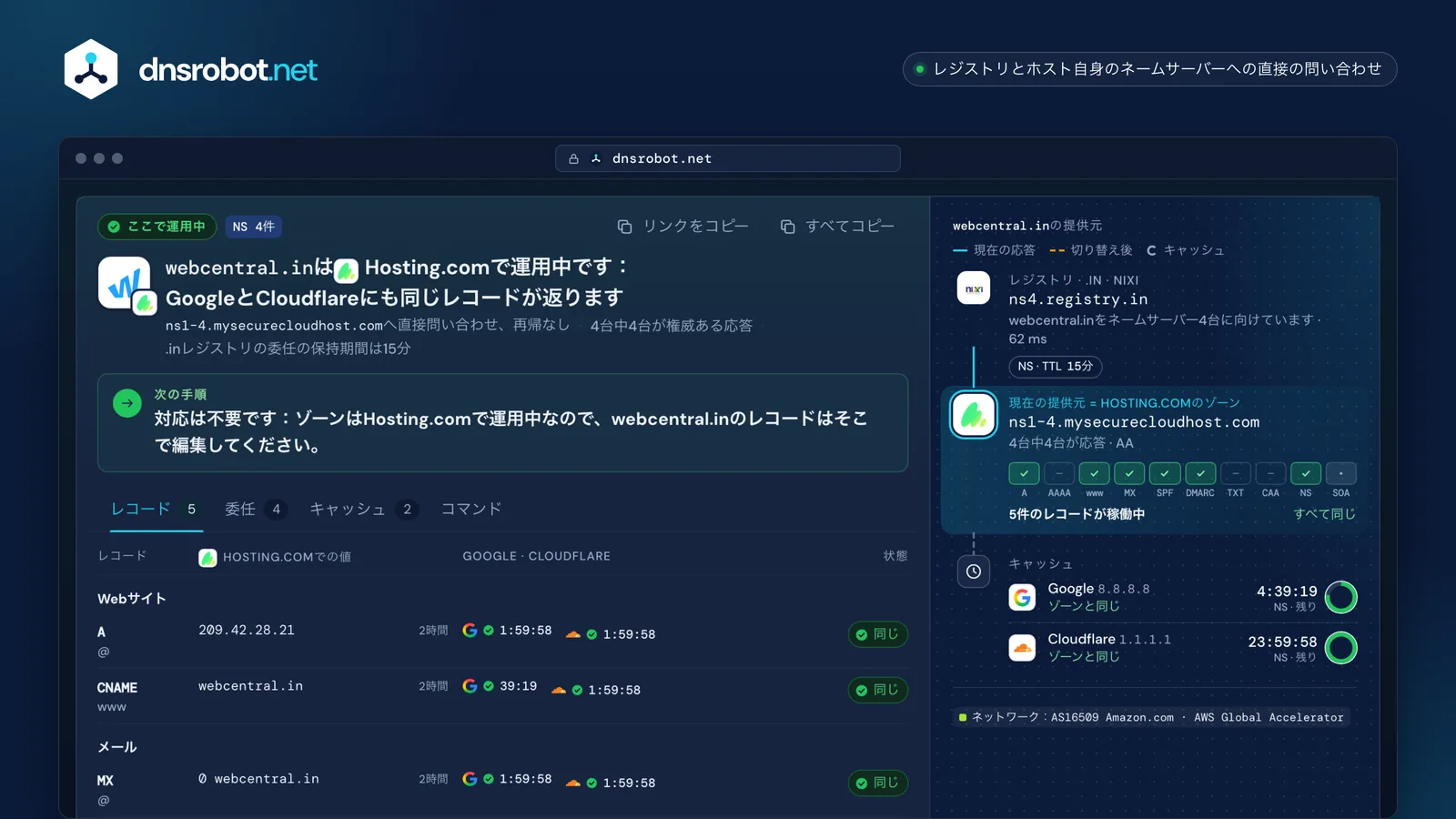 webcentral.inのホスティングDNS検索結果：Hosting.comで運用中、各レコードがゾーンから応答、移行の列とキャッシュ