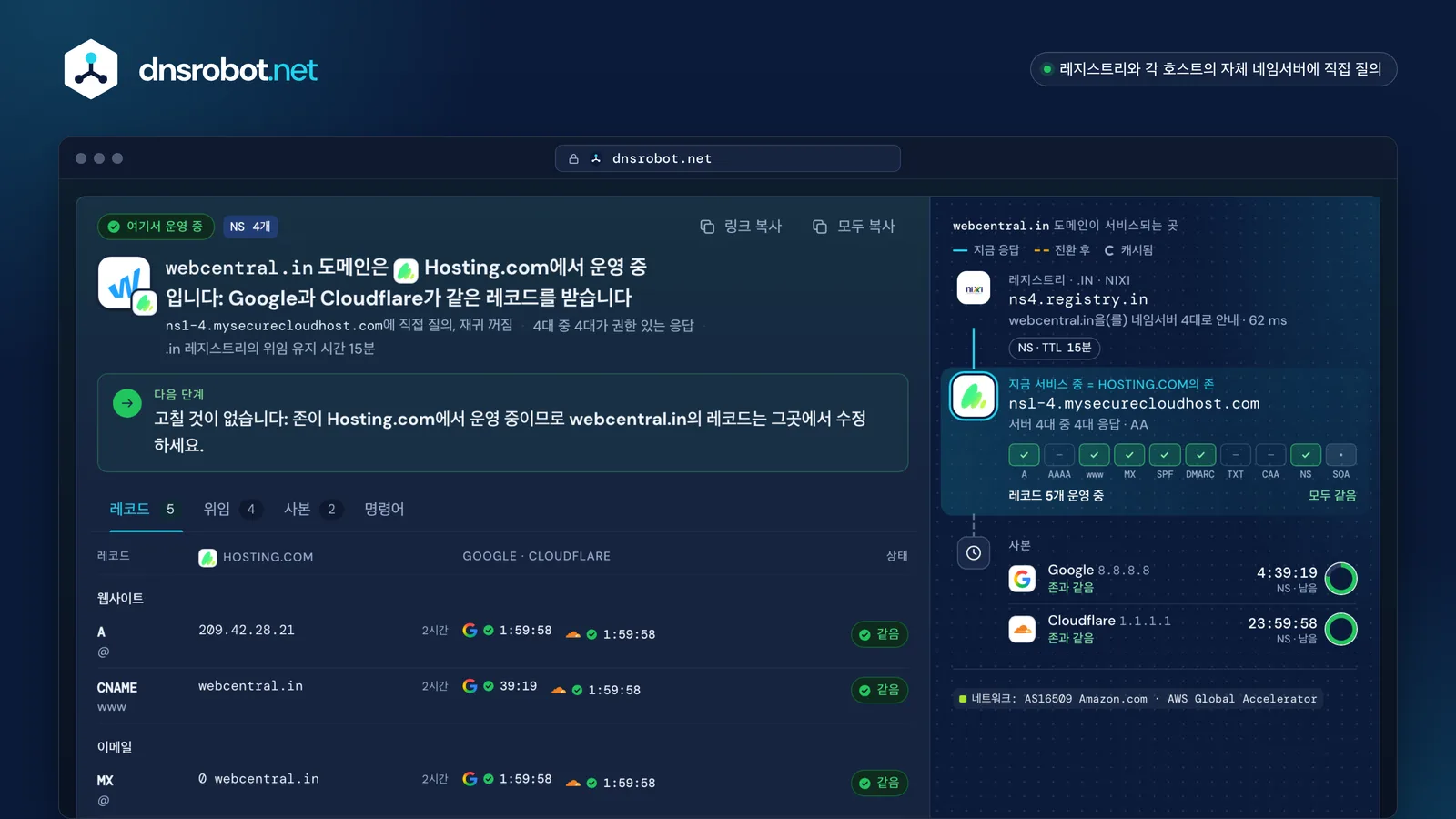 webcentral.in의 호스팅 DNS 조회 결과: Hosting.com에서 운영 중, 각 레코드가 존에서 응답, 이전 열과 캐시