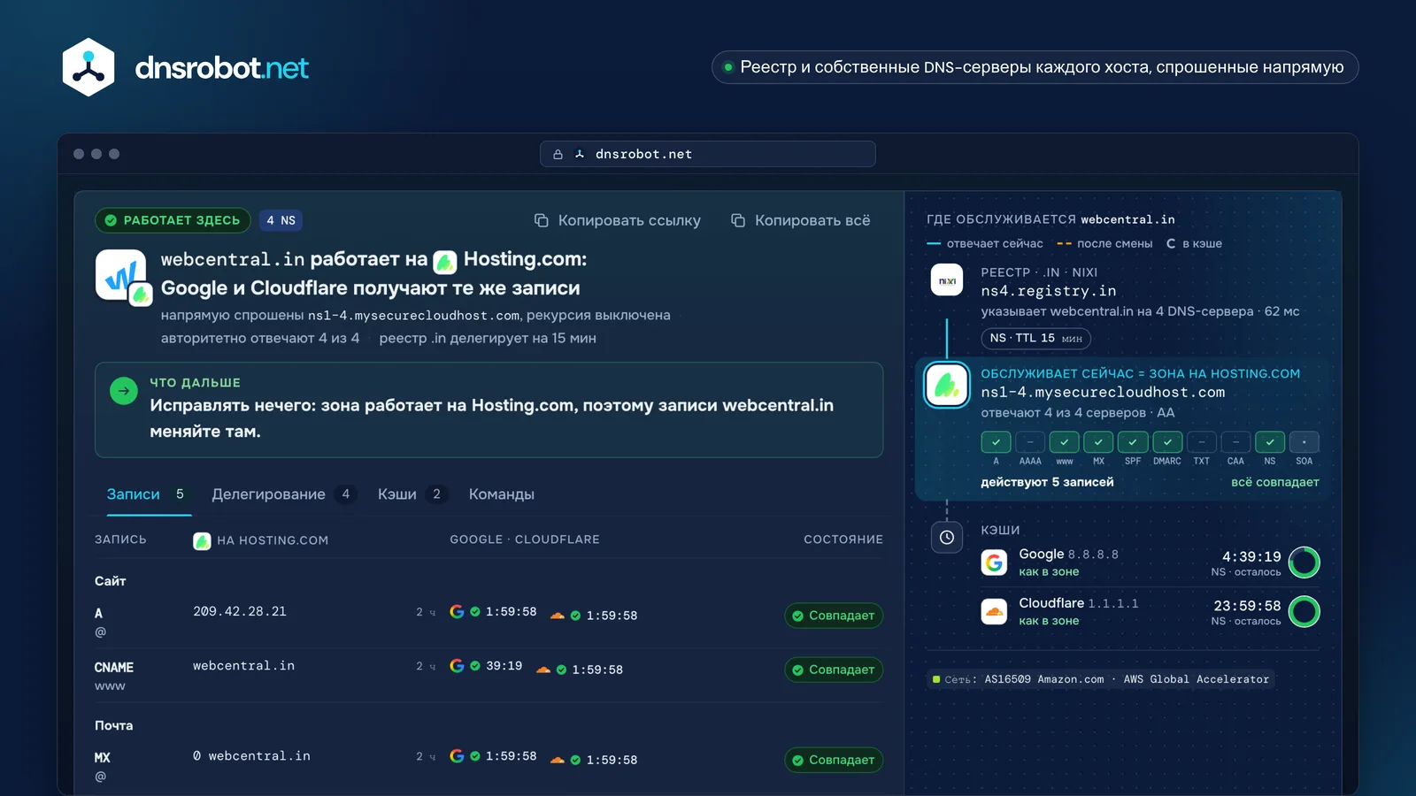 Проверка DNS хостинга для webcentral.in: работает на Hosting.com, каждая запись отвечает из зоны, колонка переезда и кэши